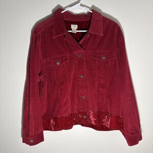 J. Jill Red Corduroy Jacket with Velvet Trim and Floral Metal Buttons Women's L